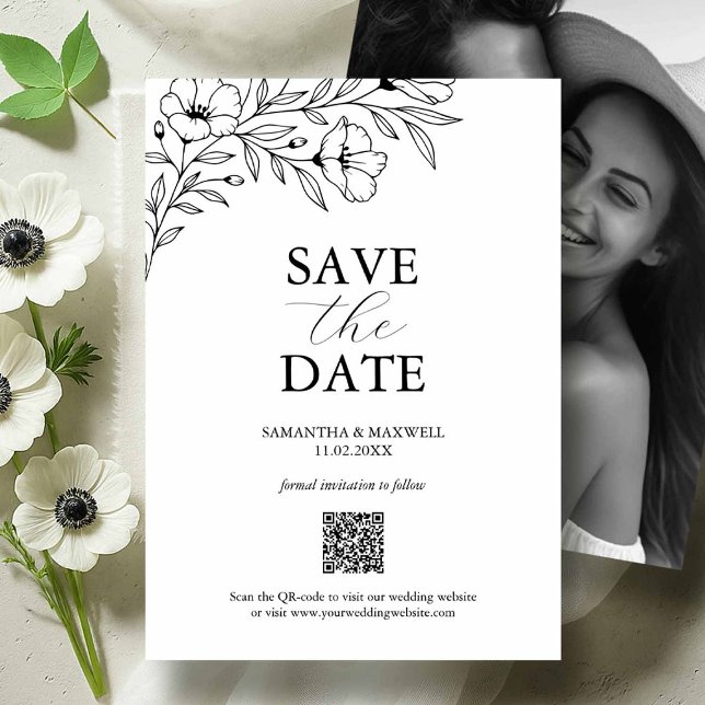 Black & White Wedding Save The Dates with Picture Date (Black and white photo save the dates floral line art by Victoria Grigaliunas of Do Tell A Belle)