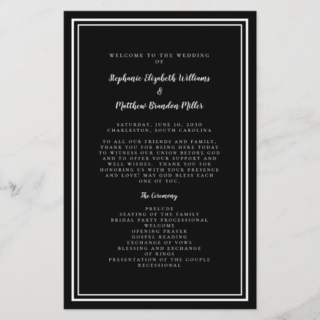Black White Wedding Script Budget Ceremony Program (Front)
