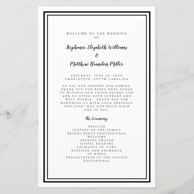 Black & White Wedding Script Chic Ceremony Program (Front)