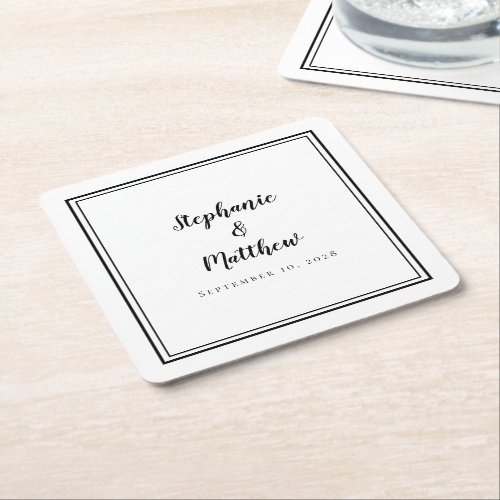 Black White Wedding Simple Modern Minimalist Party Square Paper Coaster