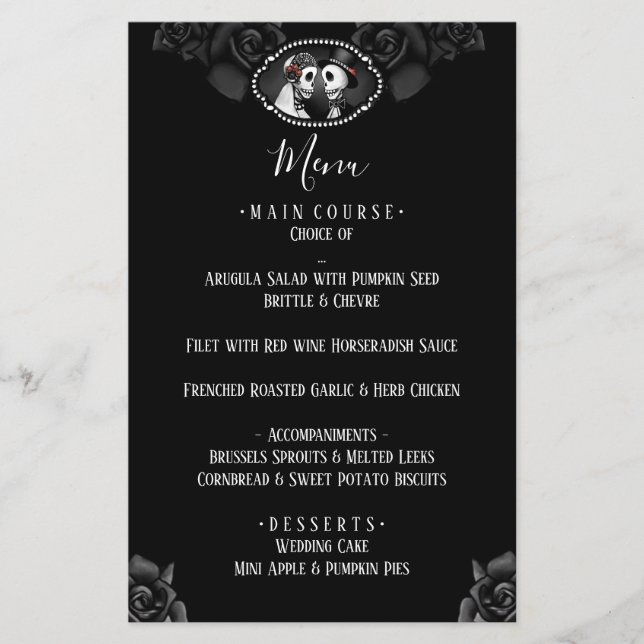 Black & White Wedding Skeletons Black Rose Menu (Front)