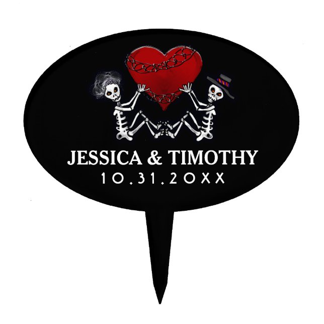 Black White Wedding Skeletons Heart Halloween Top Cake Topper (Front)