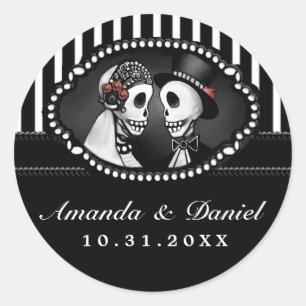 Black White Wedding Skeletons Stripe Names Round Classic Round Sticker