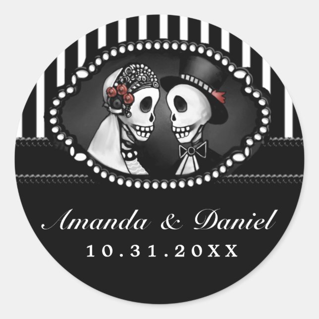 Black White Wedding Skeletons Stripe Names Round Classic Round Sticker (Front)