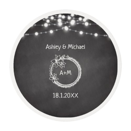 Black White Wedding String Lights Rustic Edible Frosting Rounds