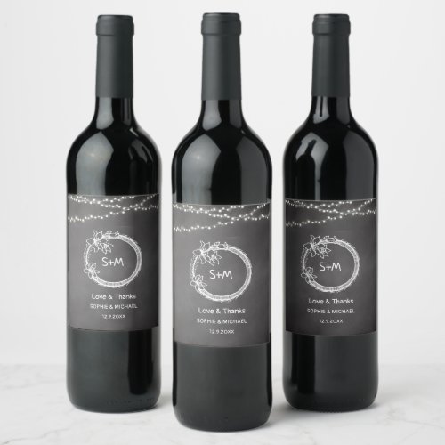 Black White Wedding String Lights Wine Label