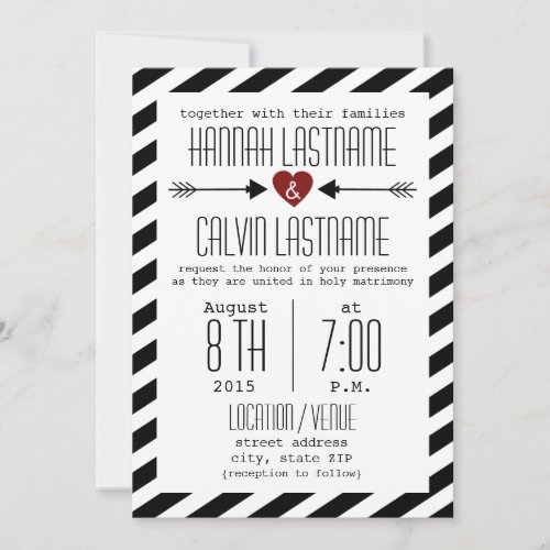 Black  White Wedding Stripes _ Red Heart  Arrows Invitation