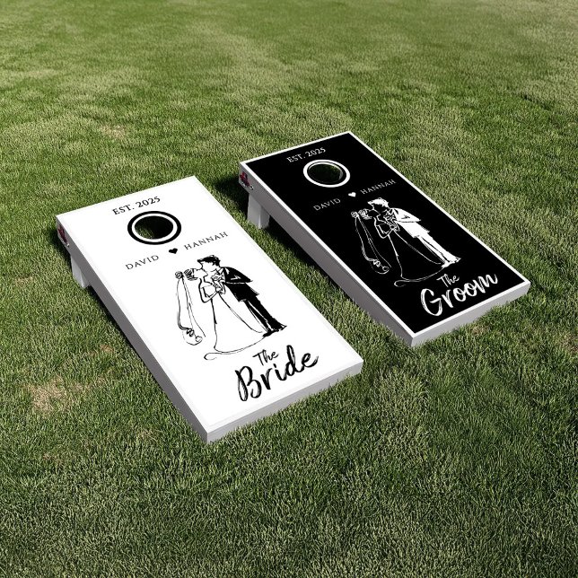 Black White Wedding Team Bride and Team Groom  Cornhole Set (Creator Uploaded)