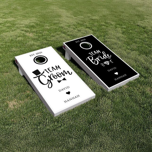 Black White Wedding Team Bride and Team Groom  Cornhole Set (Creator Uploaded)