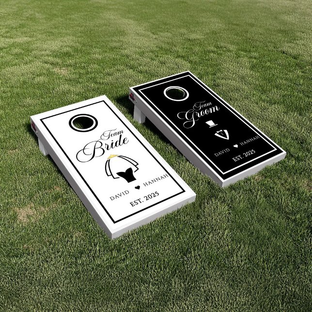 Black White Wedding Team Bride and Team Groom  Cornhole Set (Creator Uploaded)