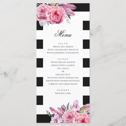 Black white wedding Watercolor pink boho floral Menu