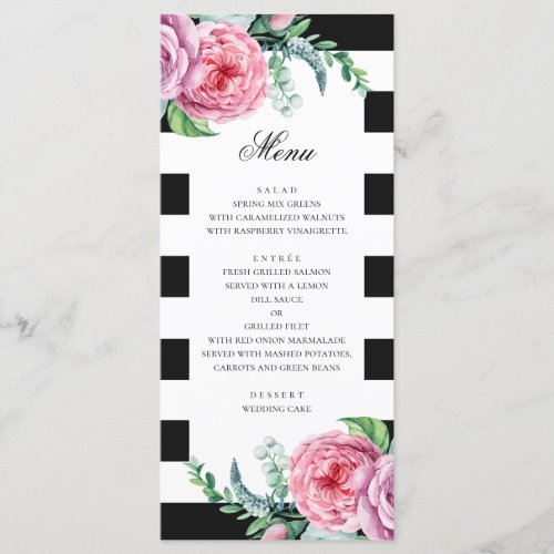 Black white wedding Watercolor pink boho floral Menu