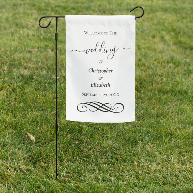 Black White Wedding Welcome Sign Garden Flag  (In SItu)