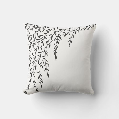 Black  White Weeping Willow Tree Branches Leaves Throw Pillow