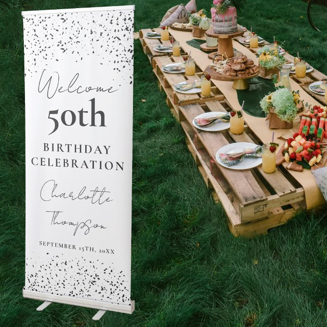 Black White Welcome Birthday 50th Party Elegant Retractable Banner (Black White Welcome Birthday 50th Party Elegant Retractable Banner)