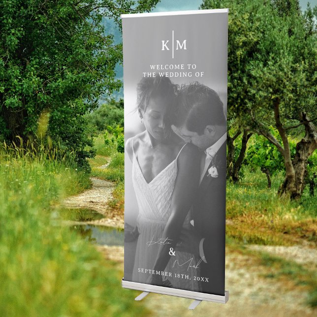 Black & White Welcome To Our Wedding Full Photo Retractable Banner (Black & White Welcome To Our Wedding Photo Sign)