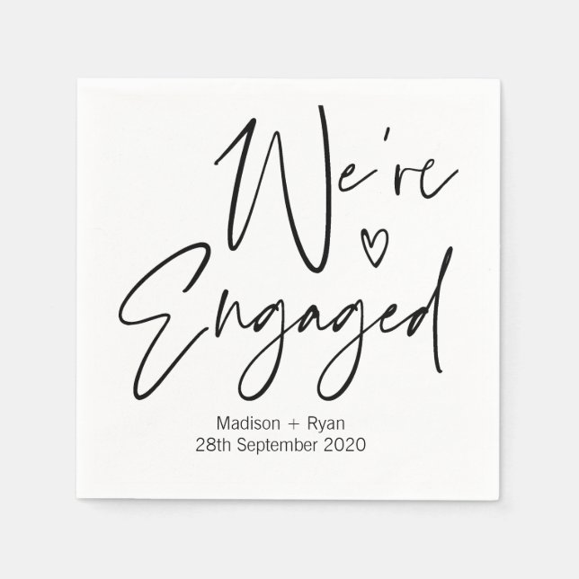 Black & White We're Engaged Engagement Party Decor Napkins (Front)