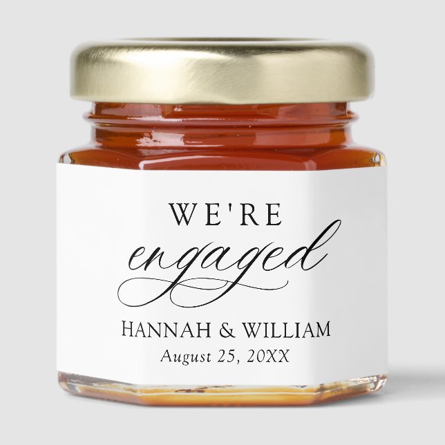 Black & White We're Engaged Engagement Party Honey Jar Favors (Front)