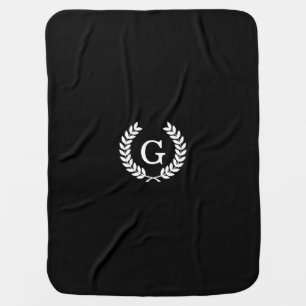 Black White Wheat Laurel Wreath Initial Monogram Baby Blanket