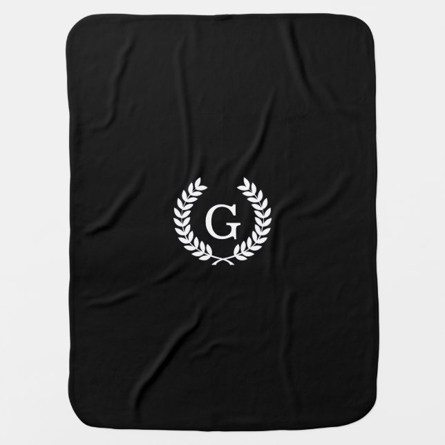 Black White Wheat Laurel Wreath Initial Monogram Baby Blanket (Front)