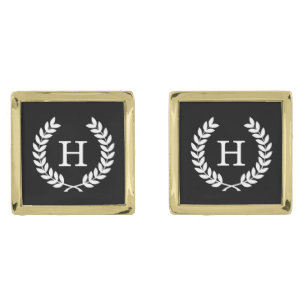 Black White Wheat Laurel Wreath Initial Monogram Cufflinks