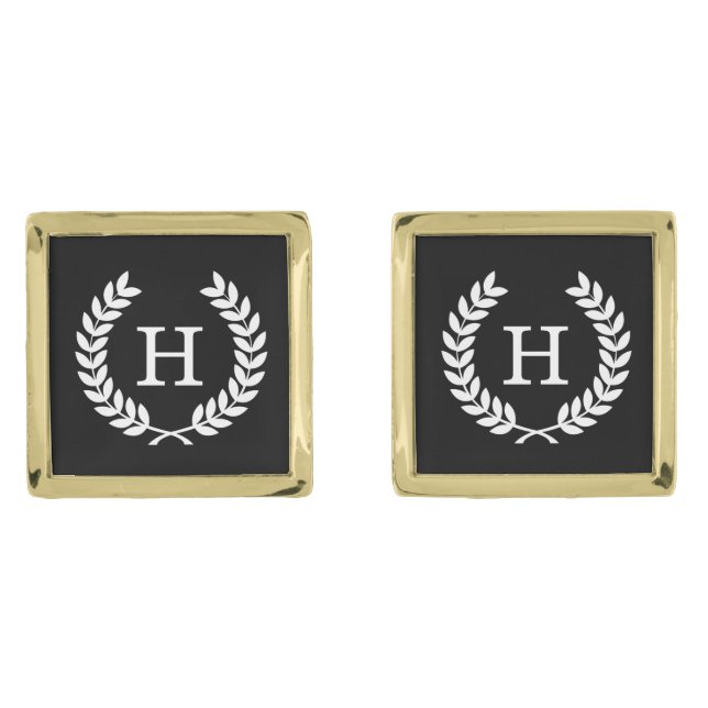 Black White Wheat Laurel Wreath Initial Monogram Cufflinks (Front)