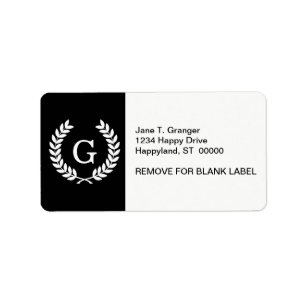 Black White Wheat Laurel Wreath Initial Monogram Label