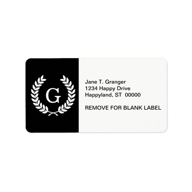 Black White Wheat Laurel Wreath Initial Monogram Label (Front)