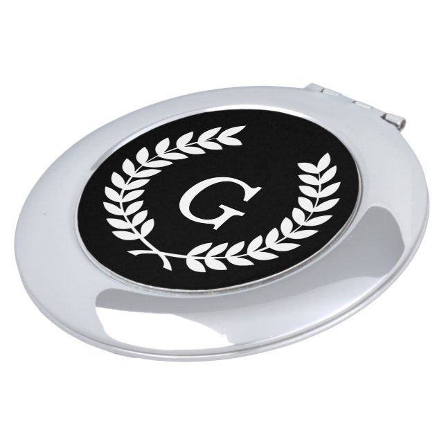Black White Wheat Laurel Wreath Initial Monogram Vanity Mirror (Turned)