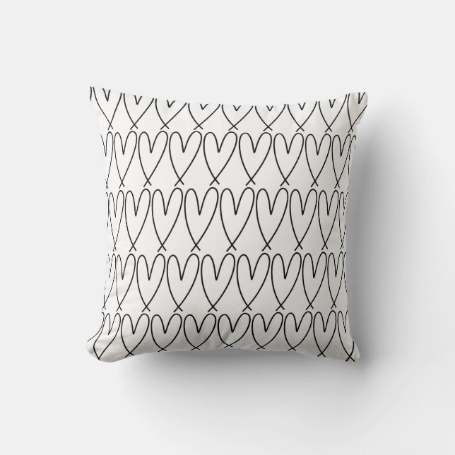 Black & White Whimsical Cute Hearts Throw Pillow (Front)
