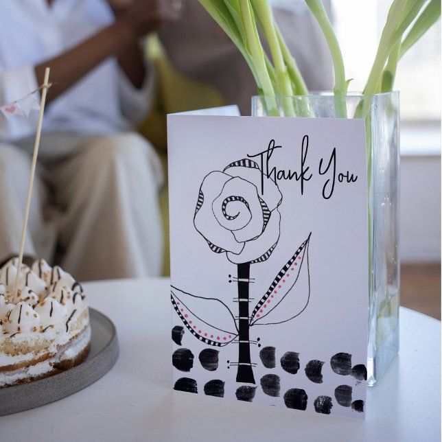 Black White Whimsical Flower Editable Letterpress Thank You Card (Creator Uploaded)