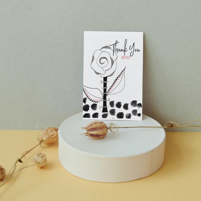 Black White Whimsical Flower Editable Thank You Card (Creator Uploaded)