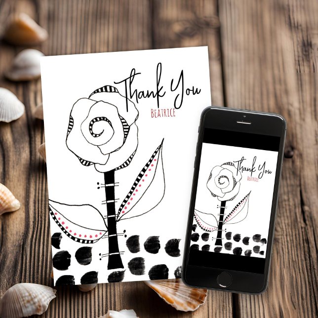 Black White Whimsical Flower Editable Thank You Card (Pen and Ink Black White thank You Card)