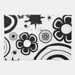 Black & White Whimsical Flowers, Circles, Splatter Kitchen Towel