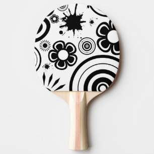 Black & White Whimsical Flowers, Circles, Splatter Ping-Pong Paddle