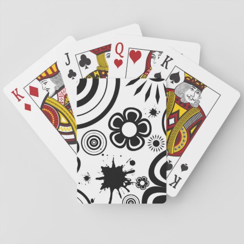 Black  White Whimsical Flowers Circles Splatter Poker Cards