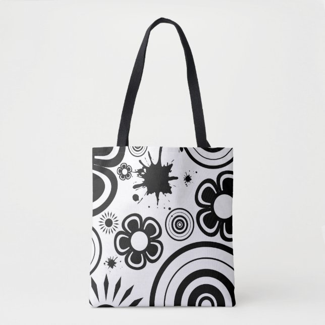 Black & White Whimsical Flowers, Circles, Splatter Tote Bag (Front)