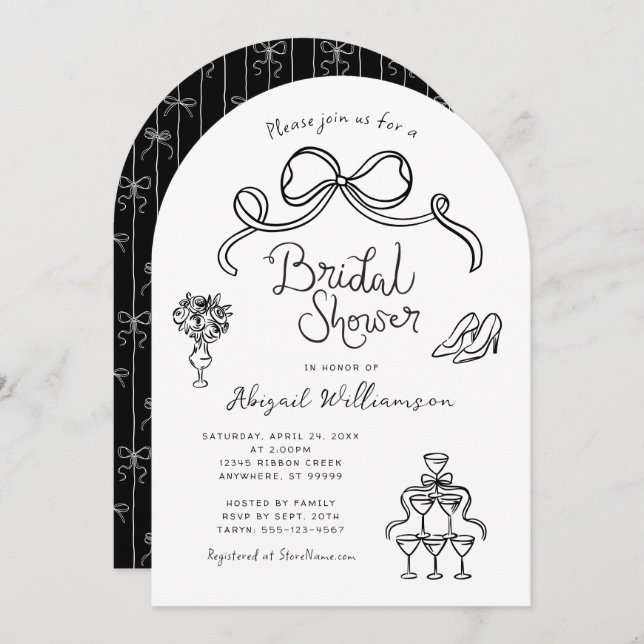 Black White Whimsical Hand Drawn Bridal Shower Invitation (Front/Back)