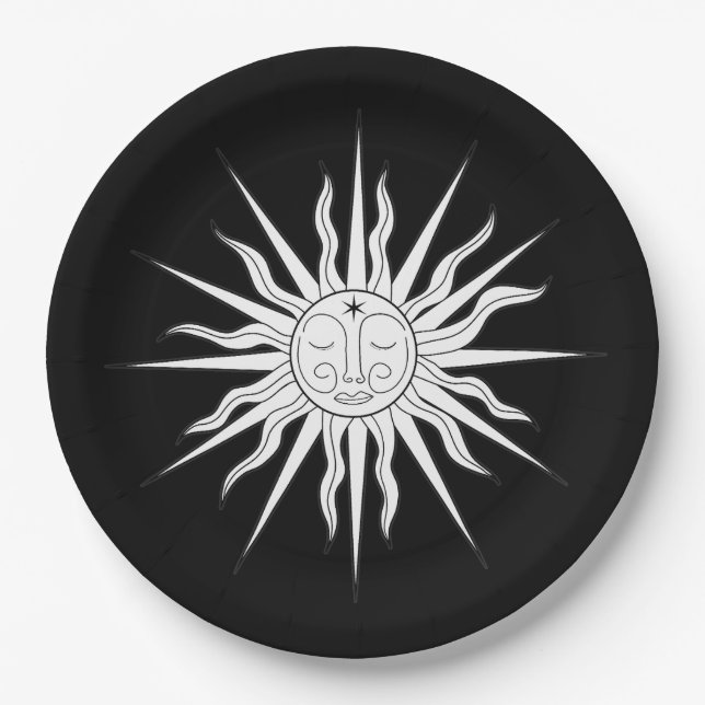 Black & White Whimsical Sun Birthday  Paper Plates (Front)