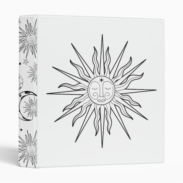 Black & White Whimsical Sun Celestial Astrology 3 Ring Binder (Front/Spine)