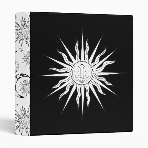 Black  White Whimsical Sun Celestial Astrology 3 Ring Binder