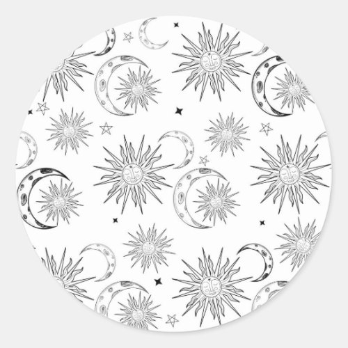 Black  White Whimsical Sun Celestial Birthday Classic Round Sticker