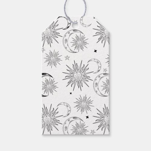 Black  White Whimsical Sun Celestial Birthday Gift Tags