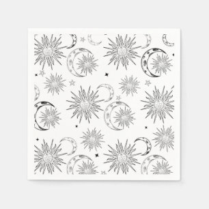 Black & White Whimsical Sun Celestial Birthday Napkins