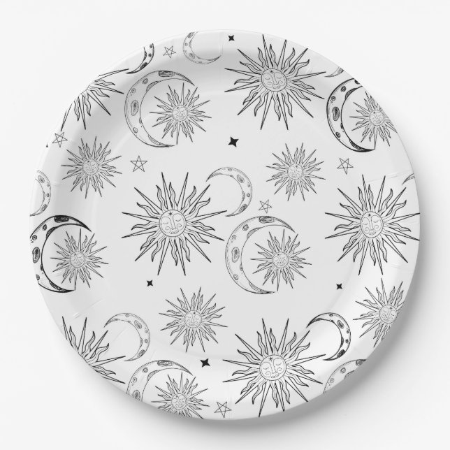 Black & White Whimsical Sun Celestial Birthday Paper Plates (Front)