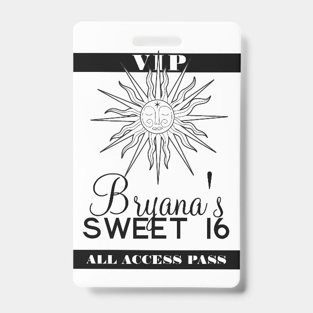 Black White Whimsical Sun Celestial Birthday VIP  Badge (Front)