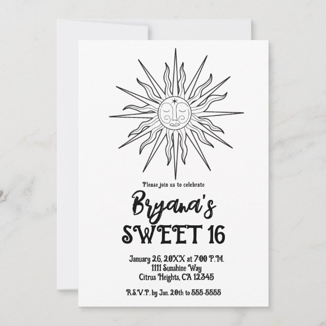 Black & White Whimsical Sun Celestial Sweet 16  Invitation (Front)