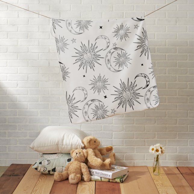 Black & White Whimsical Sun Moon & Stars Baby Blanket (In Situ)