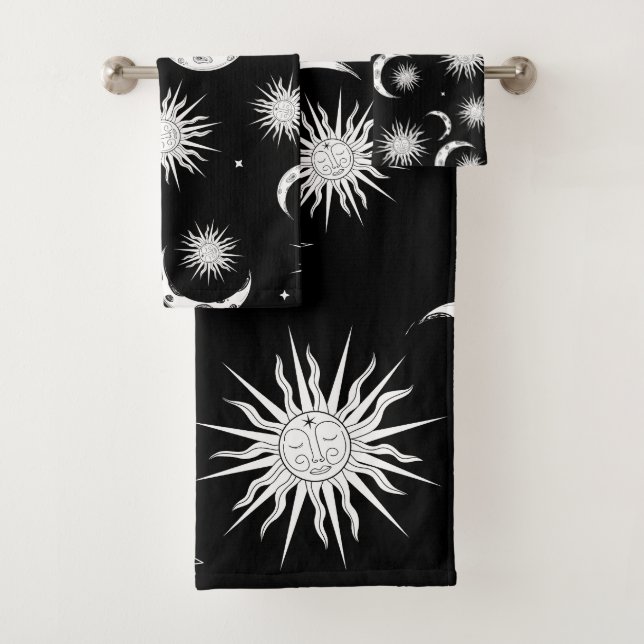 Black & White Whimsical Sun Moon & Stars Bath Towel Set (Insitu)