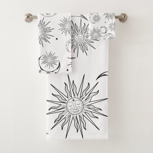 Black & White Whimsical Sun Moon & Stars Bath Towel Set (Insitu)